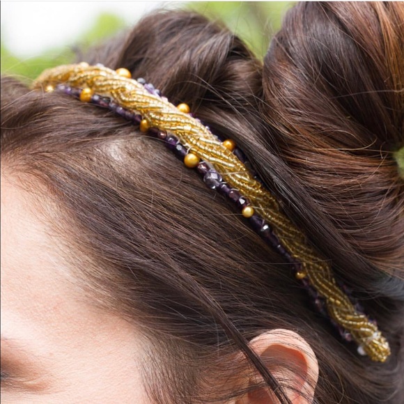 Hand Beaded Gold & Lavender Headband - Picture 1 of 1